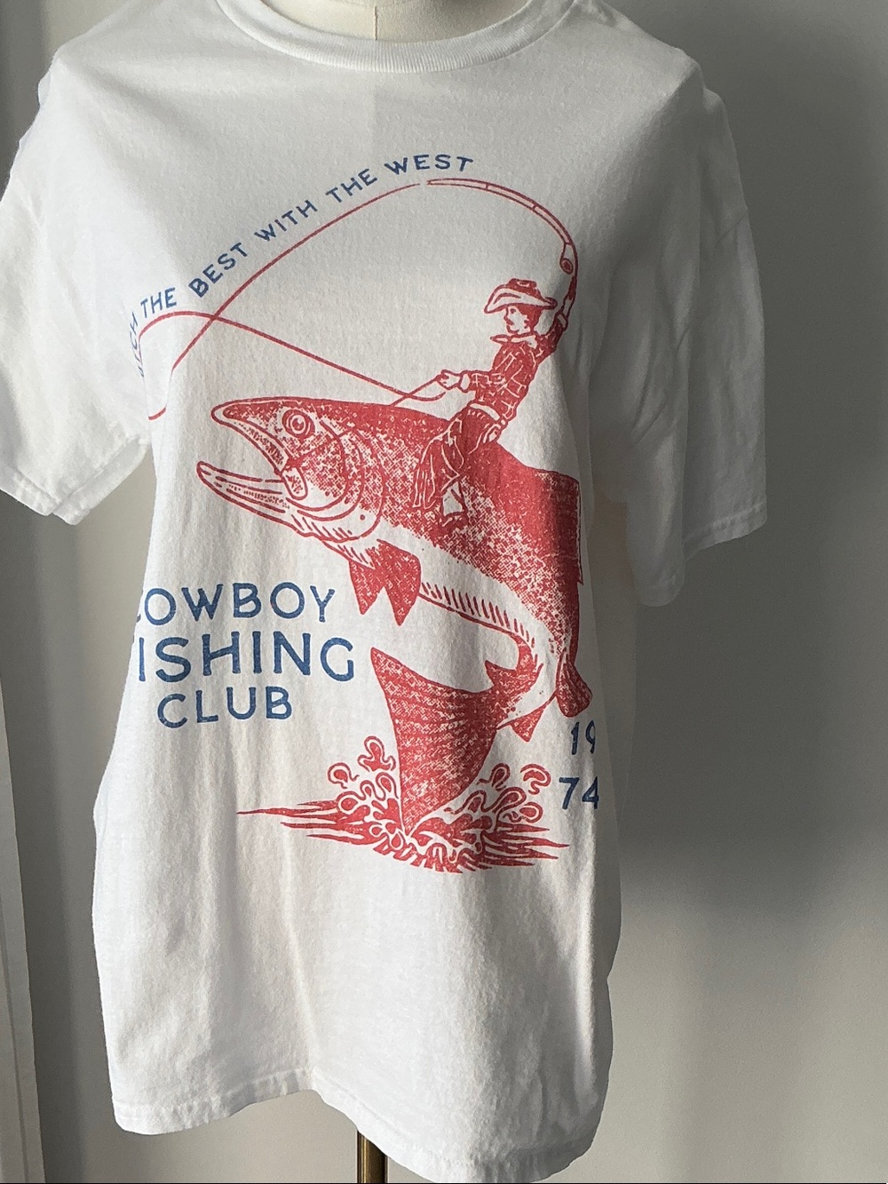 Cowboy Fishing Club Graphic Tee - White with Red & Blue Print